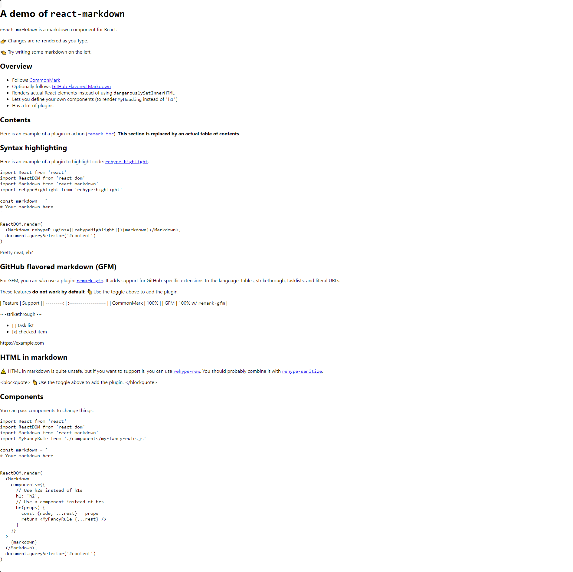 Rendered Markdown without table, task lists, and strikethrough